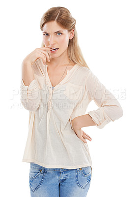 Buy stock photo Confused, portrait and woman biting nails in studio unsure, puzzled or suspicious on white background. Doubt, face or nervous female model with hand gesture for suspense, wondering or oops expression