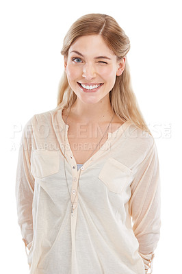 Buy stock photo Eye, wink or portrait of happy woman in studio with signal, sign or flirting gesture on white background. Face, smile or female model with emoji blink, expression or fun, personality or body language