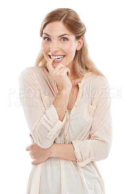 Buy stock photo Nervous, biting nails or portrait of excited woman in studio with suspense for results, review or outcome on white background. Omg, face or lady model with hand gesture for hope, optimism or waiting