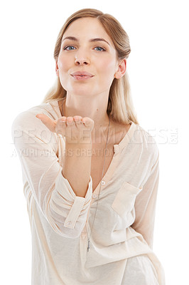 Buy stock photo Portrait, hands and air kiss by woman in studio with care gesture on white background. Thank you, happy or face of lady with model palm emoji for love, kindness or support, flirt or romantic interest