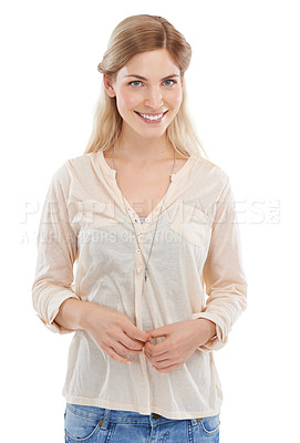 Buy stock photo Portrait, smile and beauty of a young woman in studio isolated on a white background. Face, fashion and happy person, model or girl in casual clothes for trendy style on a backdrop in Switzerland