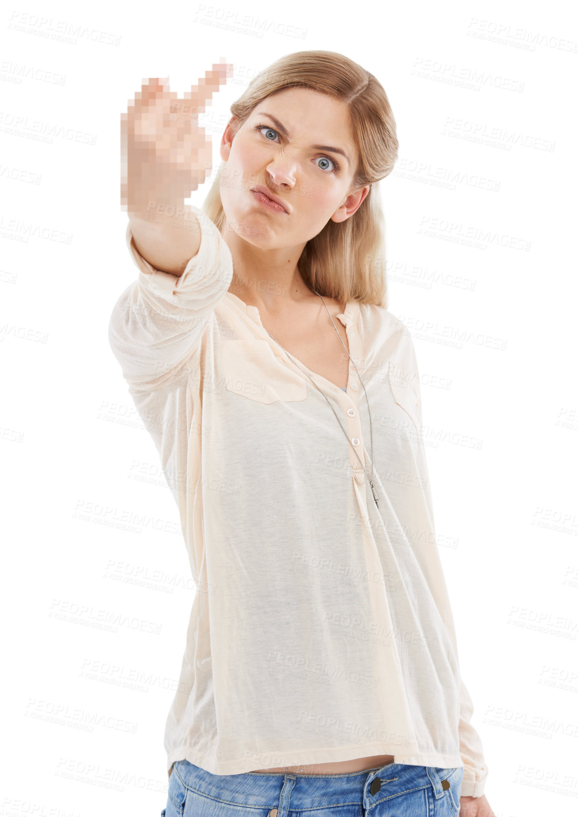 Buy stock photo Frustrated, portrait or woman with middle finger in studio for attitude, feedback or opinion on white background. Angry, rude or lady model face with hate, hand or emoji, sign or reaction to conflict