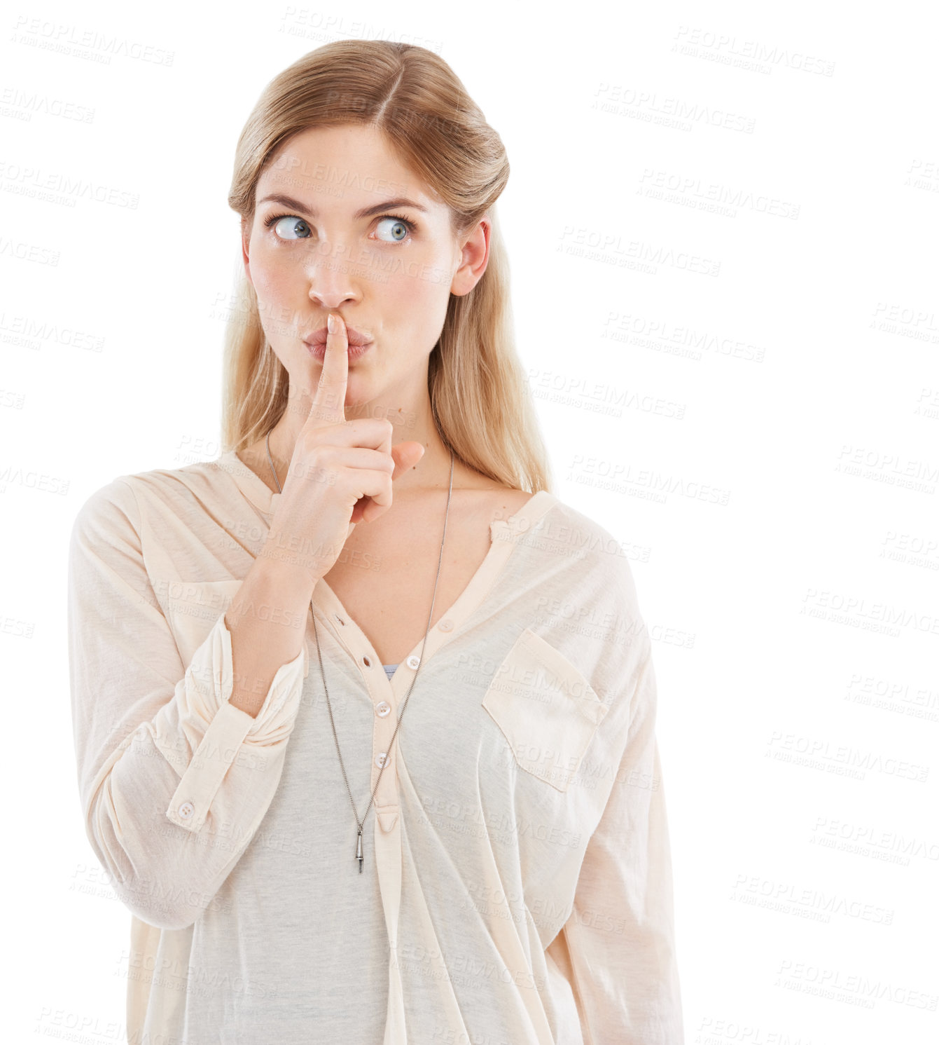 Buy stock photo Woman, finger to lips for secret and gossip in studio, private and confidential information on white background. News, announcement and whisper, quiet gesture or emoji for privacy with noise or voice