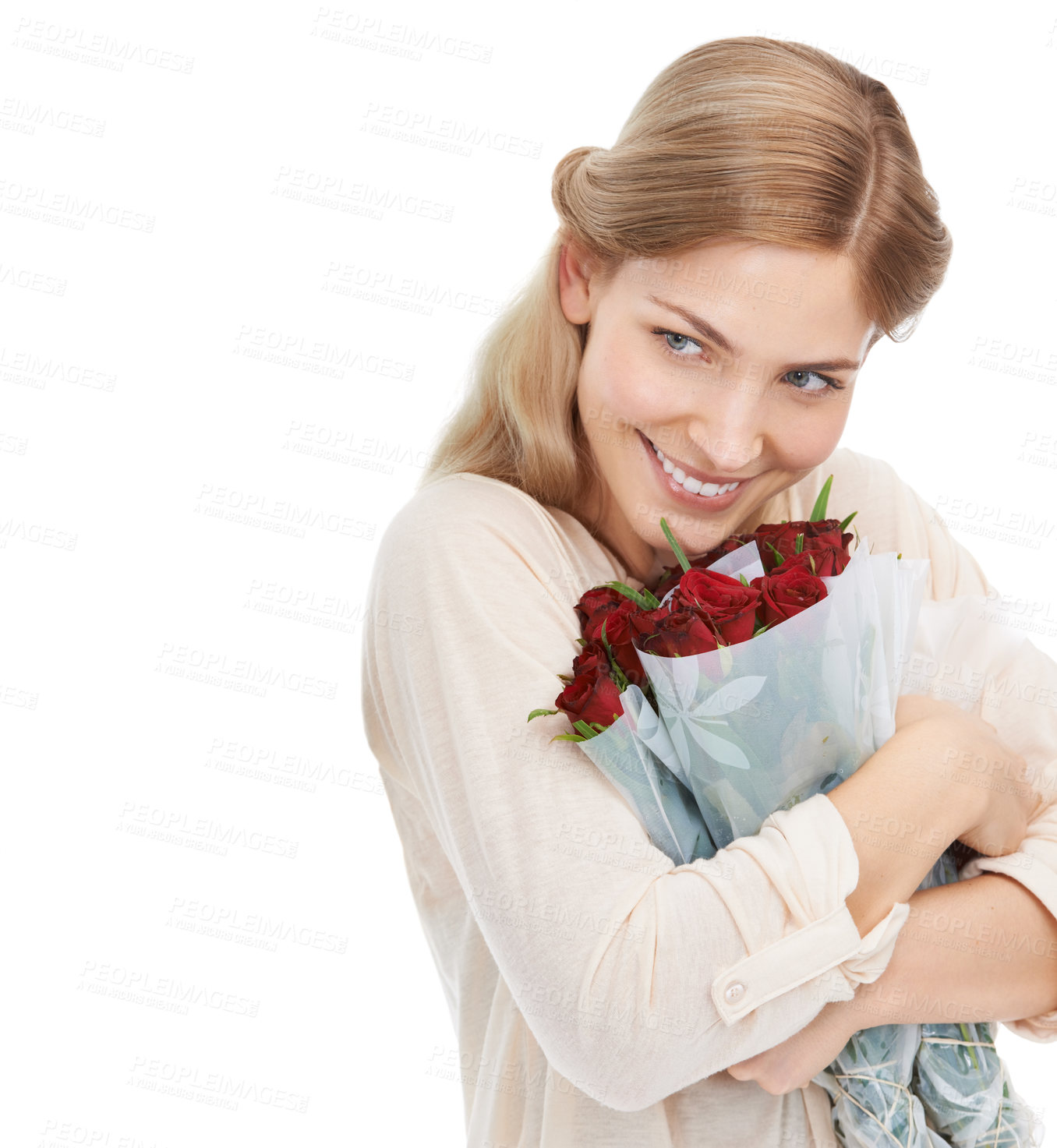 Buy stock photo Happy, roses and woman on valentines day with a gift and mockup space isolated in studio white background. Young, excited and female with a bunch of flowers or bouquet as a present for happiness