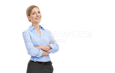 Buy stock photo Business woman, happy portrait and space or mockup on a white background with a smile for advertising. Female entrepreneur with arms crossed in studio for startup marketing or product placement