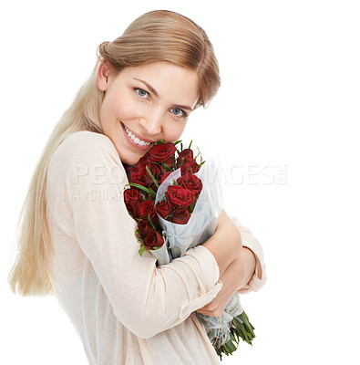 Buy stock photo Woman with roses, smile in portrait with gift for Valentines day, love and nature isolated on white background. Happiness, romance and female hug red bouquet with holiday celebration and mockup space