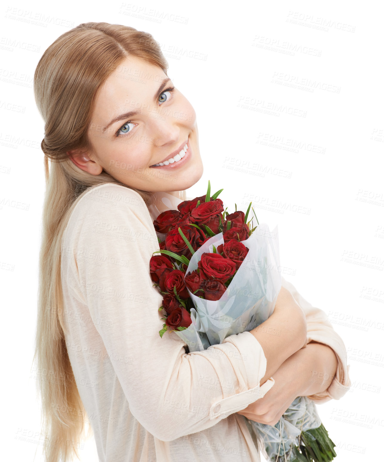 Buy stock photo Woman hug roses, smile in portrait with gift for Valentines day, love and nature isolated on white background. Happiness, romance and female with red bouquet, holiday celebration and happy in studio