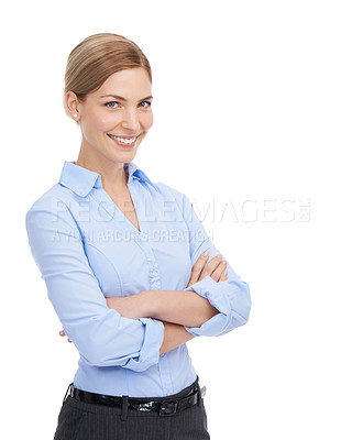Buy stock photo Portrait, business and woman arms crossed, happy and ceo isolated on white studio background. Female, entrepreneur and manager with corporate deal, team leader or achievement for company sales growth