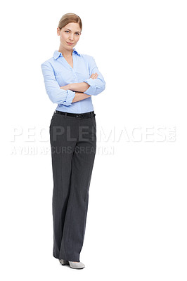 Buy stock photo Business woman, full body portrait and mockup with confident smile, leadership and motivation on white background. Corporate fashion, professional confidence and happy woman boss standing in studio.