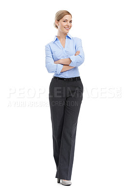 Buy stock photo Leadership, body portrait of business woman with confident smile and motivation for startup success on white background. Corporate fashion, professional confidence and woman ceo standing in studio.