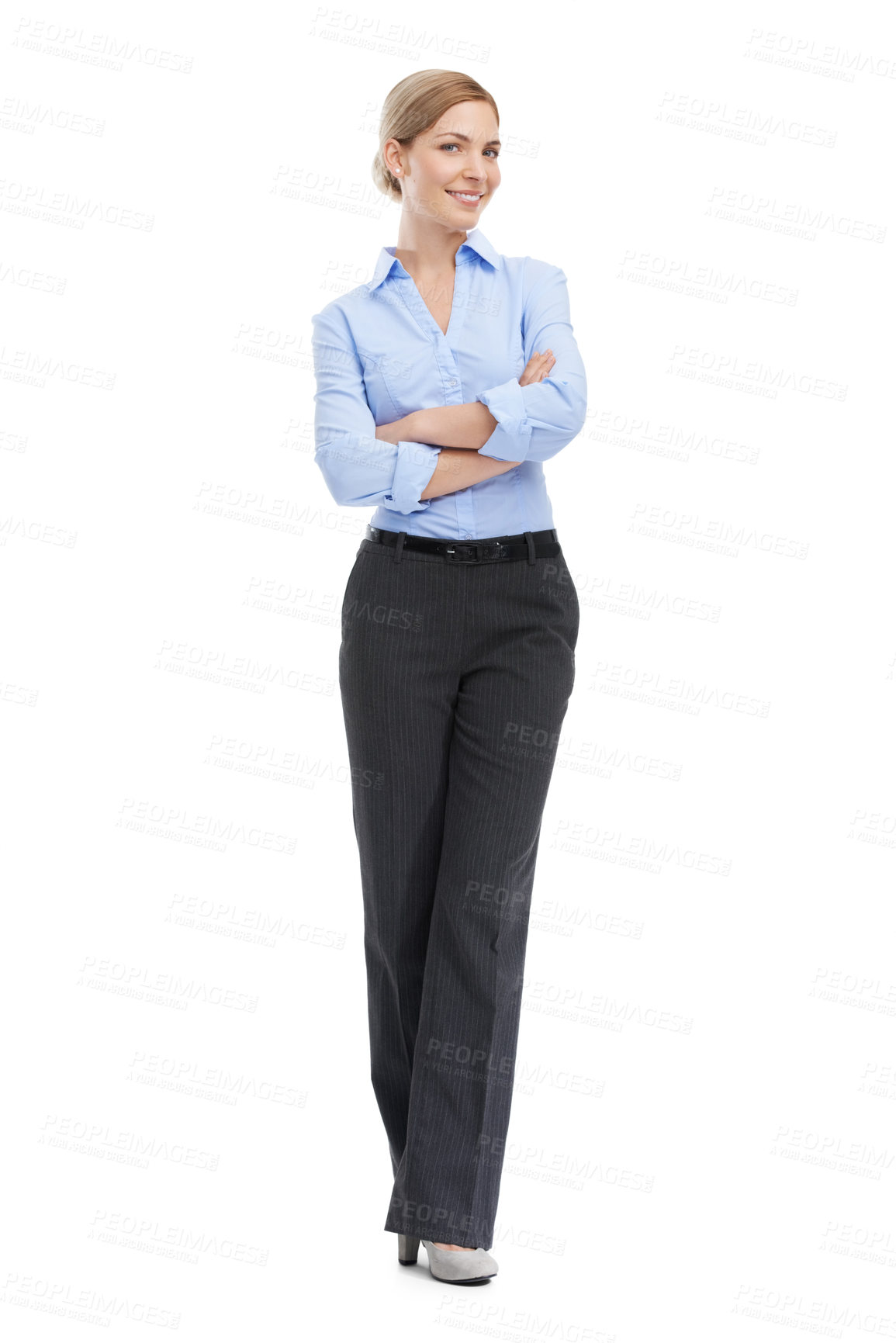 Buy stock photo Leadership, body portrait of business woman with confident smile and motivation for startup success on white background. Corporate fashion, professional confidence and woman ceo standing in studio.