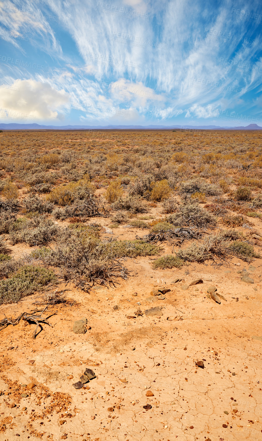 Buy stock photo Landscape of arid and barren highland in Savanna Desert in rural South Africa with copyspace. Dry, empty, remote land against blue sky. Global warming and climate change in drought environment