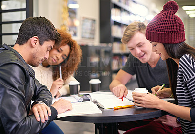 Buy stock photo Students study in a group in library, people learning for university education and scholarship. Academic development, knowledge with young men and women studying for exam, research and reading book