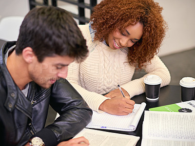 Buy stock photo Students study in library, people learning for university education, teamwork and writing notes. Academic development, knowledge with young man and woman studying for exam, research and scholarship