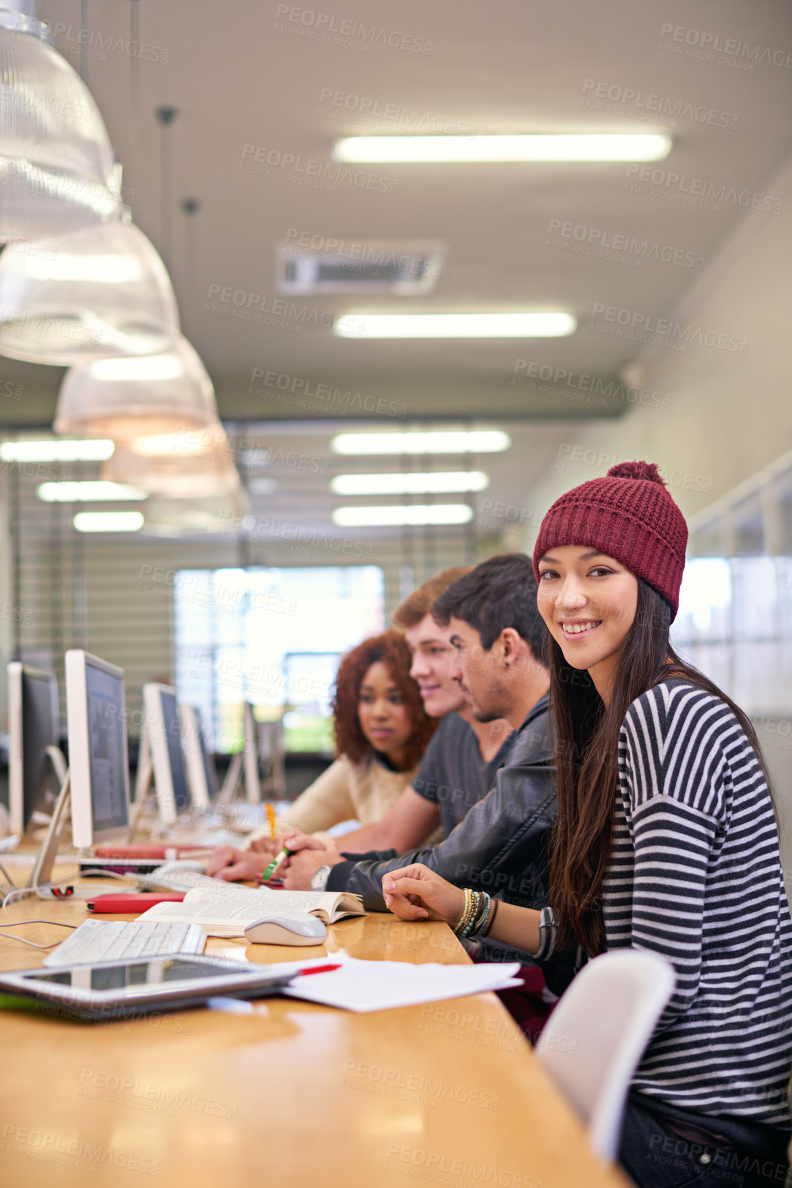 Buy stock photo Study group, student and portrait of girl in library for education, assignment or academic research. Campus, college or university for learning, female scholar or friends for essay project by desktop