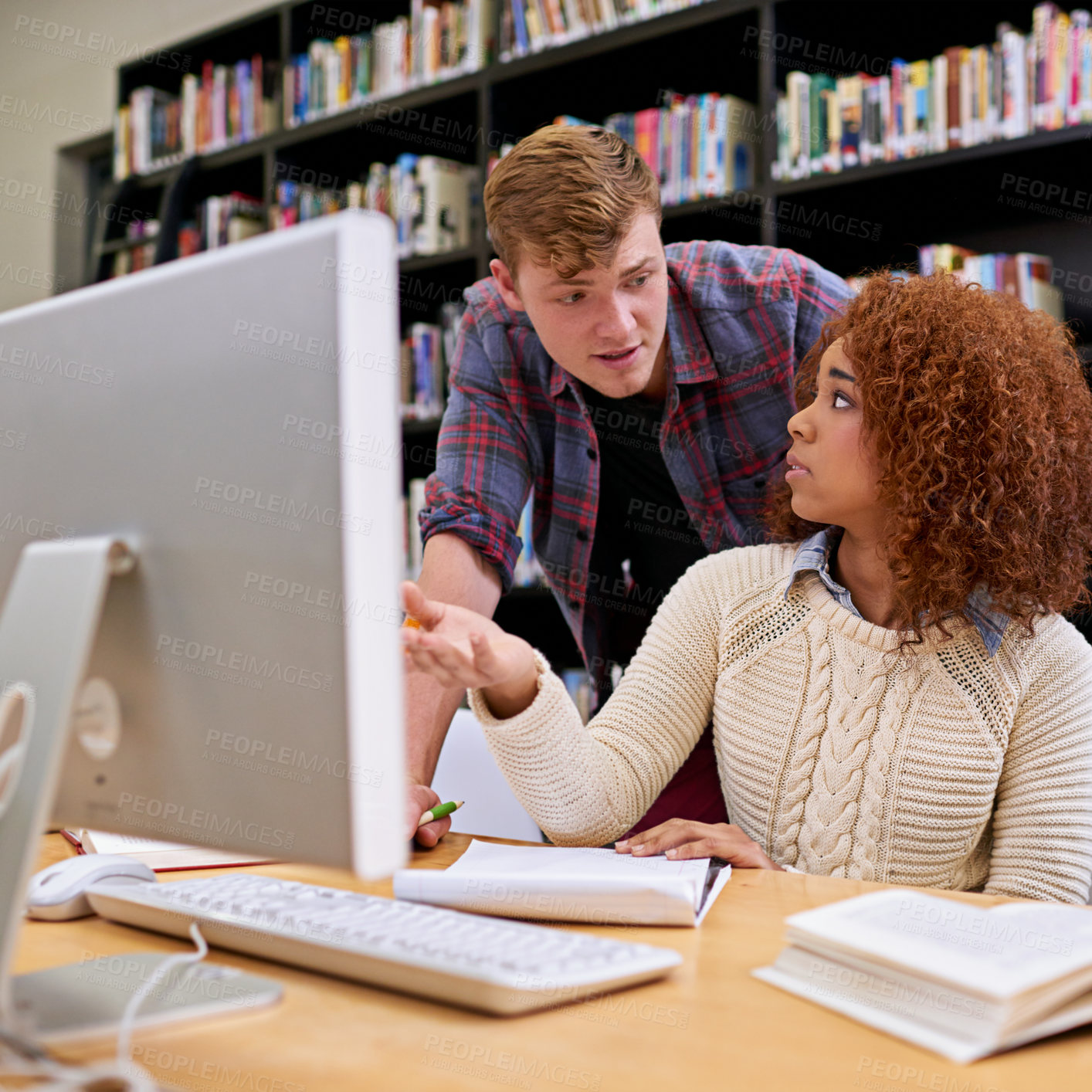 Buy stock photo Learning, library and students on computer for help on exam knowledge, education and friends research test. University, desktop and team of people studying together for discussion or info in college