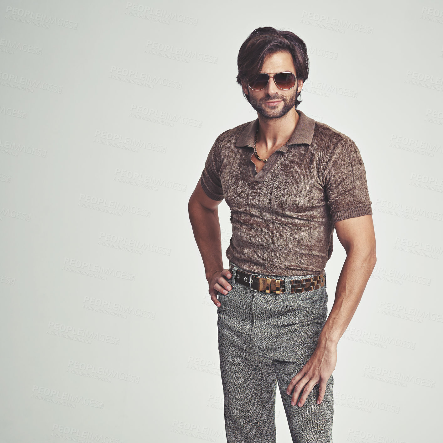 Buy stock photo Man, portrait and retro fashion in studio for vintage look, sunglasses and unique trendy clothes for old school feel. Confident, person and comic display for different style, weird and mockup space