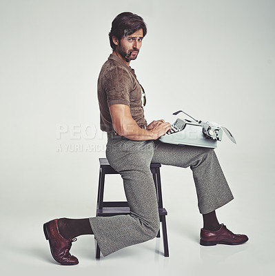 Buy stock photo Man, vintage and pipe with typewriter in studio on grey background, confident and typing in chair. Fashion, retro and  smart style in old school with elegance on fashionable and fancy clothes.