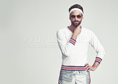 Buy stock photo Man, portrait and retro tennis fashion in studio for vintage style with 80s look, workout and sports gear. Sunglasses, training and exercise for fitness, unique and male person with mockup space