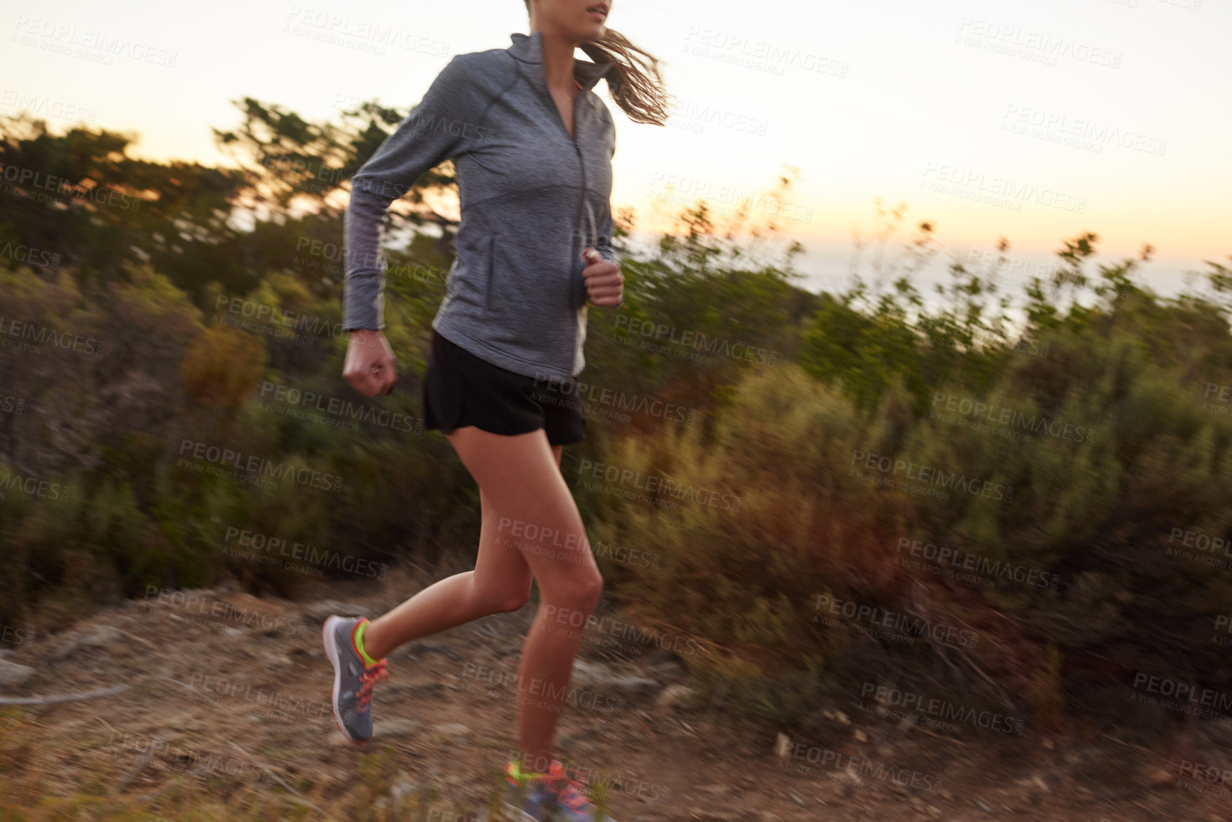 Buy stock photo Nature, running and body of woman in woods for fitness on trail for exercise, endurance and workout. Outdoor, sports and female athlete with cardio training for race, challenge or marathon in forest.