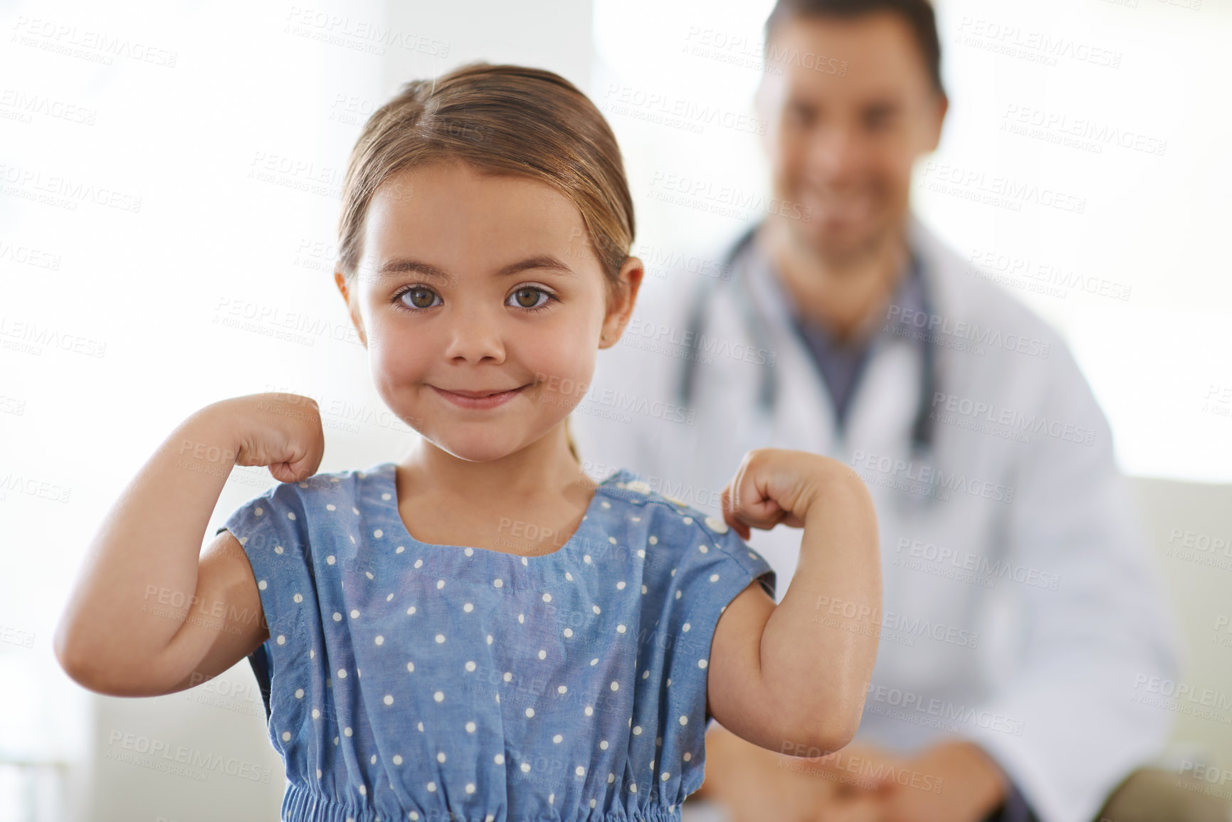 Buy stock photo Pediatrician, young girl and arm with flex for strong, brave and happiness for treatment. Doctor, smile and child at clinic with success for test results, consultation and healthy immune system