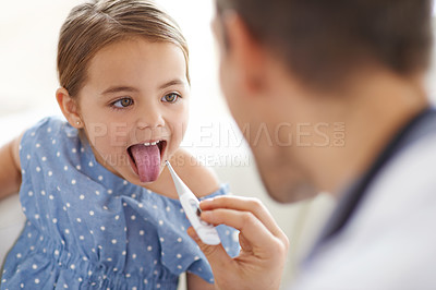 Buy stock photo Girl kid, doctor and thermometer in hospital for medical risk, covid infection and fever. Pediatrician, sick child and mouth open for testing temperature, flu virus and healthcare service in clinic