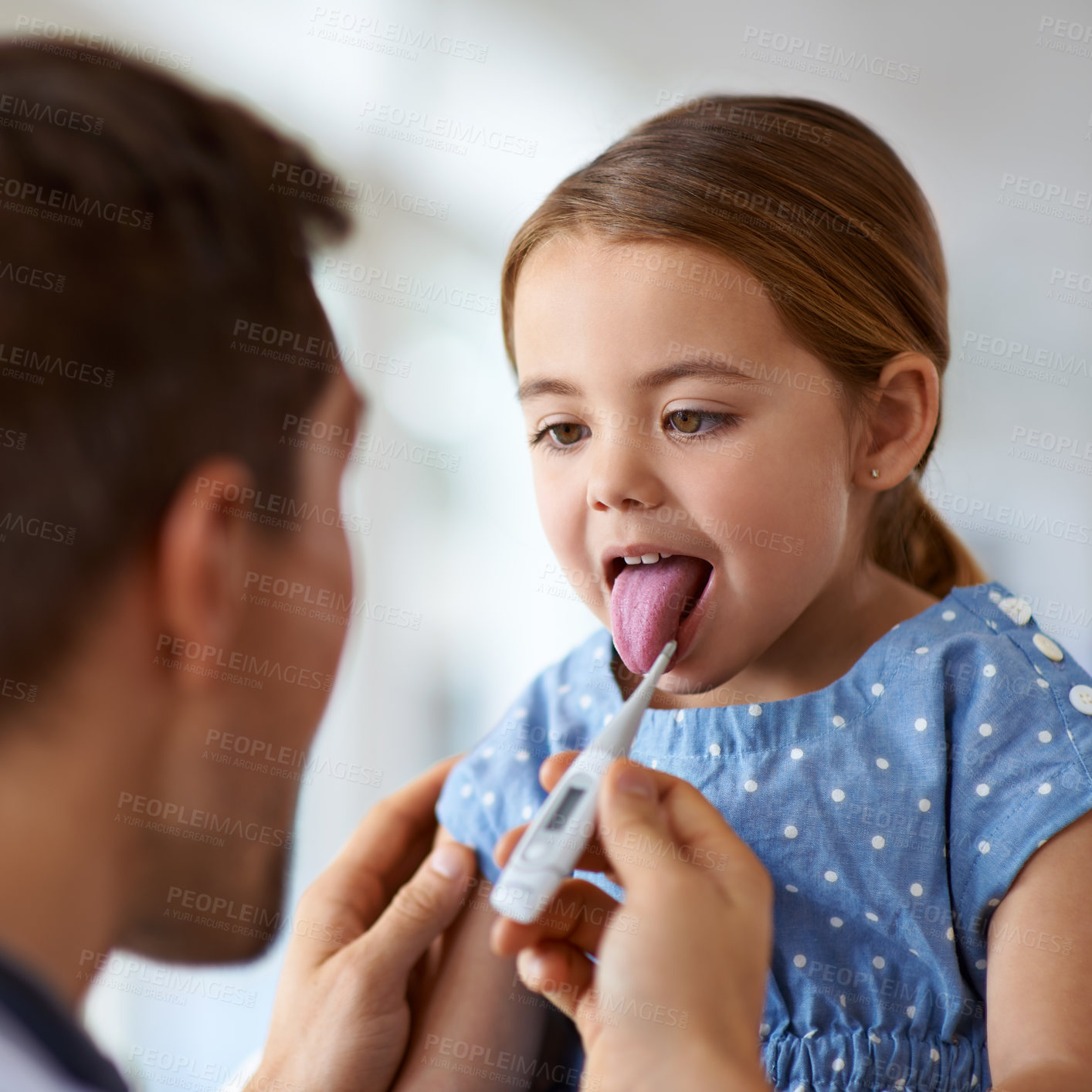 Buy stock photo Kid, doctor and thermometer to check fever in mouth for medical risk, covid infection and help. Pediatrician, sick girl and temperature test of children, flu virus and healthcare consulting in clinic