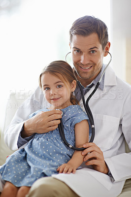 Buy stock photo Portrait, child and stethoscope of pediatrician for healthcare consulting, check lungs and listening to heartbeat. Man, doctor and chest assessment of girl kid in clinic, hospital or medical analysis