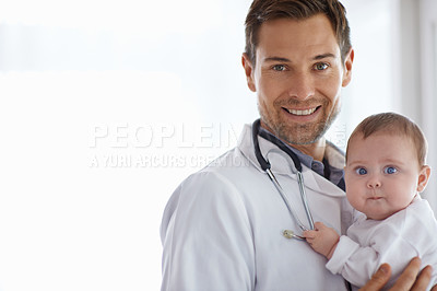 Buy stock photo Portrait, happy man and pediatrician with baby on mockup for medical assessment, support and healthcare of children. Newborn kids, doctor and smile in pediatrics clinic, hospital and trust in service
