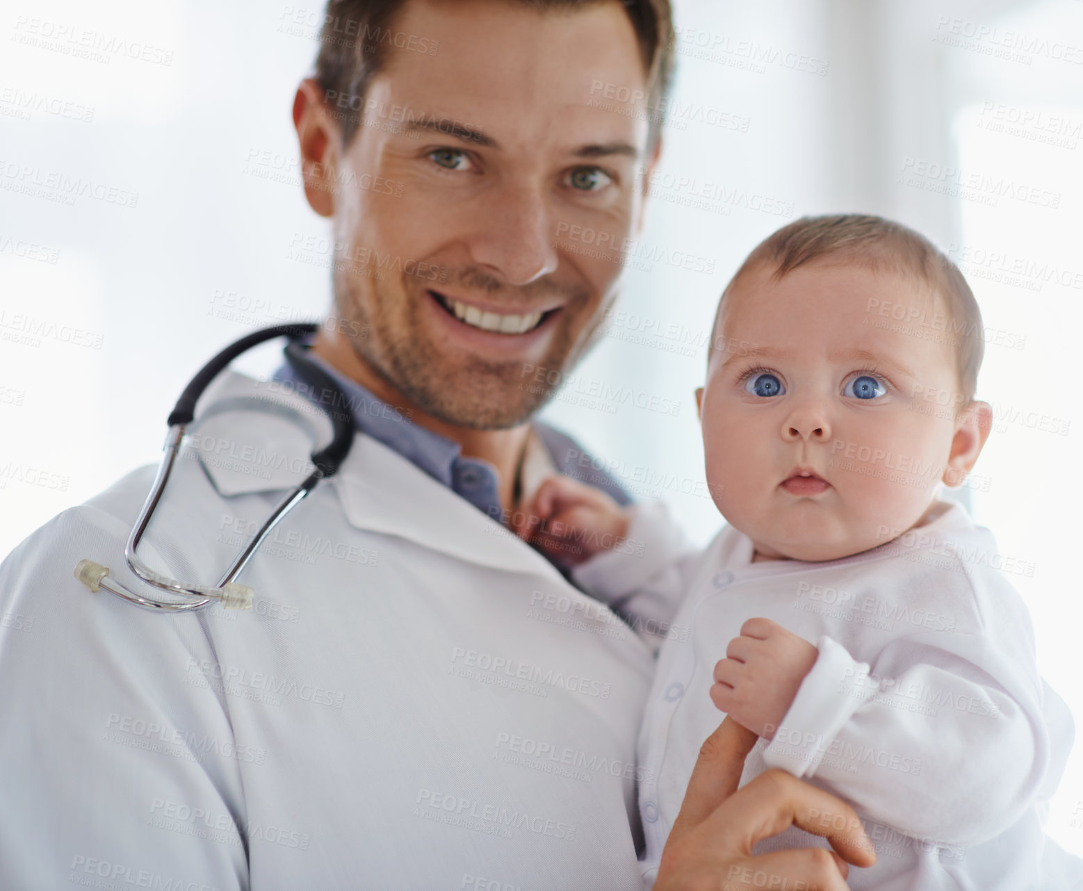 Buy stock photo Portrait, happy pediatrician and holding baby in hospital for medical support and growth. Newborn kid face, man and pediatrics doctor in clinic, healthcare service or smile of trust for children