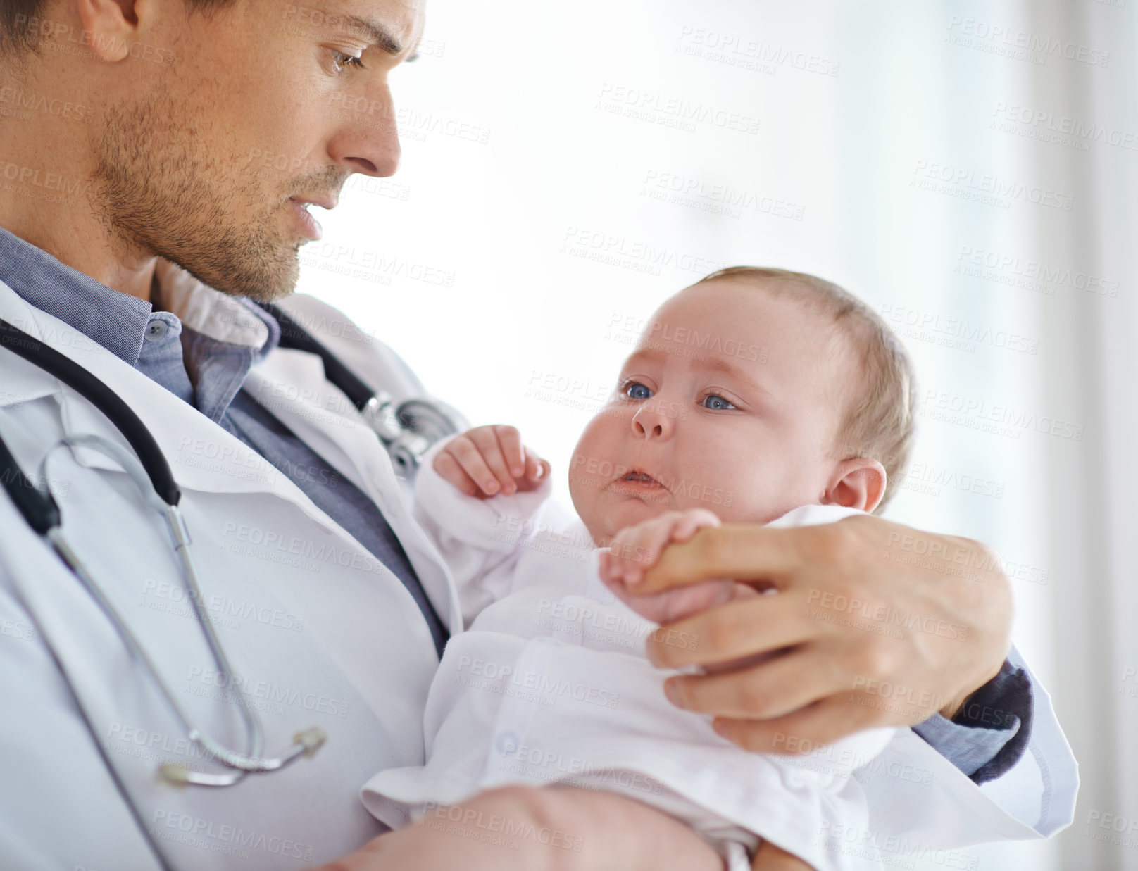 Buy stock photo Doctor, sick and sad baby in clinic for healthcare assessment, pediatrics support and help. Pediatrician holding unhappy newborn kid for hospital service, medical test and wellness of crying children