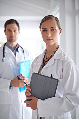 Buy stock photo Portrait of serious woman, doctors and team in hospital, healthcare management and clinic services. Expert medical employees, leadership and professional collaboration for trust, support and pride