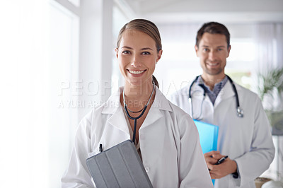 Buy stock photo Portrait of happy woman, doctors and leadership in hospital for healthcare, management and clinic services. Medical employees, female manager and smile of teamwork, collaboration and support of trust