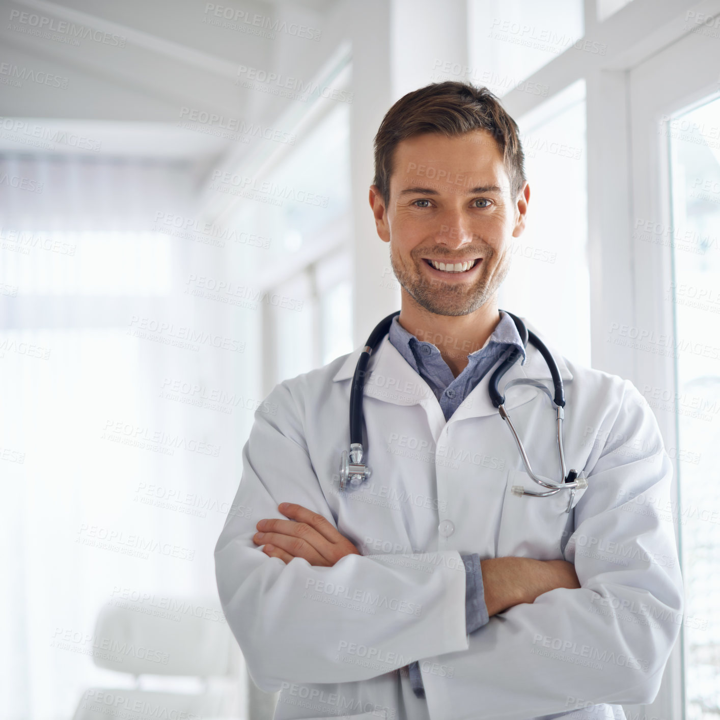 Buy stock photo Portrait, man and doctor smile with arms crossed in clinic for healthcare management, hospital services and expert. Happy male employee, medical therapist and confident for trust, checkup on mockup