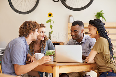 Buy stock photo Students, group and happy friends on laptop in cafe, learning and education in university. Computer, team and diverse people in coffee shop for knowledge, discussion and studying together for test