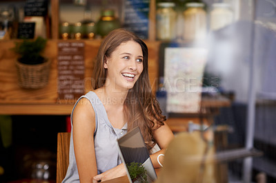 Buy stock photo Cafe, window and woman with laptop smile for remote work, research or study with friends at brunch. Happy, people and talking in coffee shop about project collaboration on computer with conversation