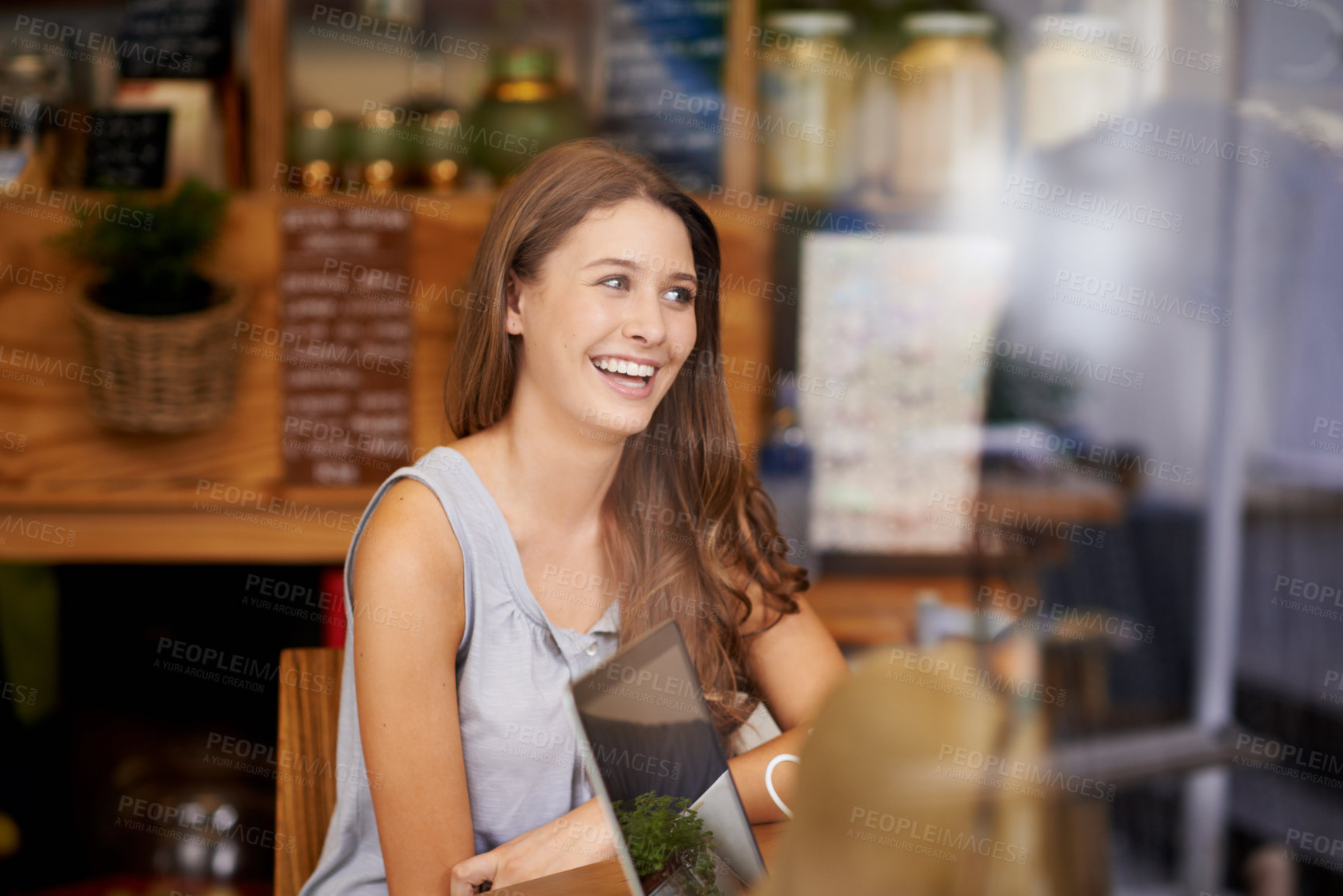 Buy stock photo Cafe, window and woman with laptop smile for remote work, research or study with friends at brunch. Happy, people and talking in coffee shop about project collaboration on computer with conversation