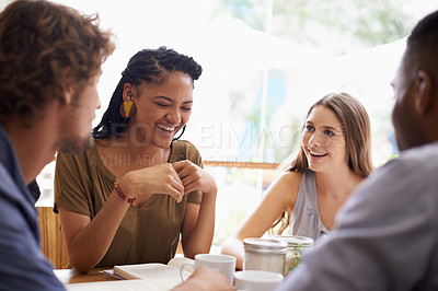 Buy stock photo Conversation, laugh and friends in restaurant together for bonding, fun social gathering and study. Coffee shop, brunch and group of people relax in cafe for book club, drinks and happy discussion.