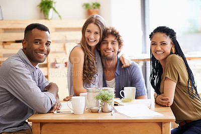 Buy stock photo Portrait, diversity and group of friends in restaurant together for bonding, social gathering and smile at lunch. Coffee shop, brunch and happy people relax in cafe for casual chat, drinks or meeting