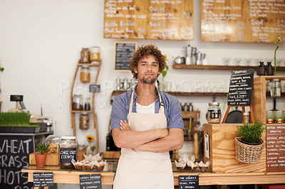 Buy stock photo Portrait, welcome and man with confidence in cafe for service with happy small business owner. Local coffee shop, restaurant or bistro manager with smile, hospitality or entrepreneur at startup deli.