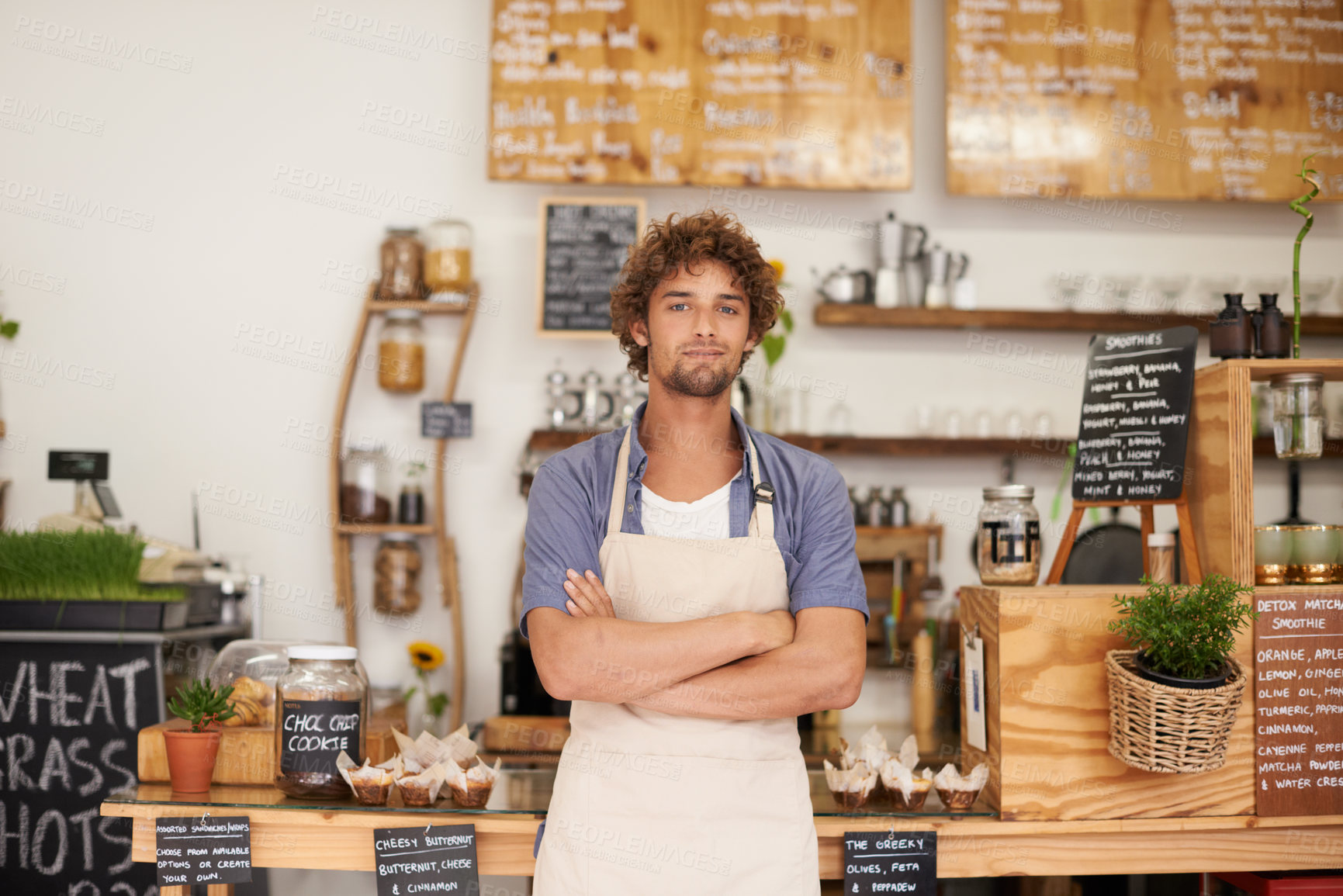 Buy stock photo Portrait, welcome and man with confidence in cafe for service with happy small business owner. Local coffee shop, restaurant or bistro manager with smile, hospitality or entrepreneur at startup deli.