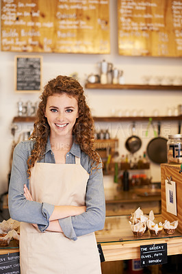 Buy stock photo Portrait, welcome and woman with confidence in restaurant for service with happy small business owner. Coffee shop, cafe or bistro person with smile, hospitality or entrepreneur at startup bakery.