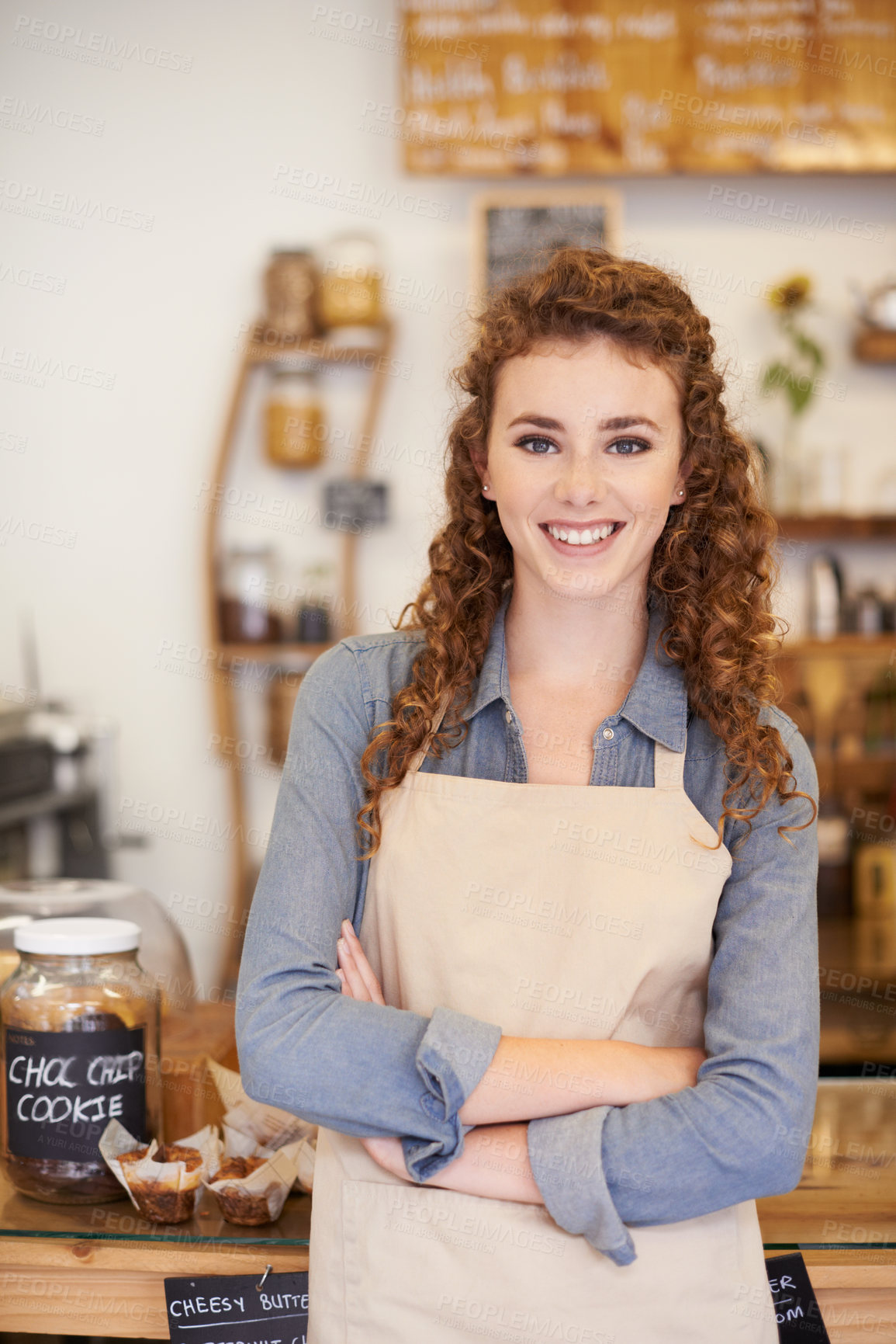 Buy stock photo Portrait, welcome and happy woman with confidence in cafe service with small business owner. Coffee shop, restaurant or waitress with smile, hospitality or entrepreneur with arms crossed at startup.