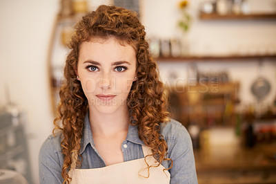 Buy stock photo Portrait, restaurant and woman with confidence in small business for service with pride in store. Coffee shop, cafe and face of girl manager with hospitality, bakery or entrepreneur at startup deli.