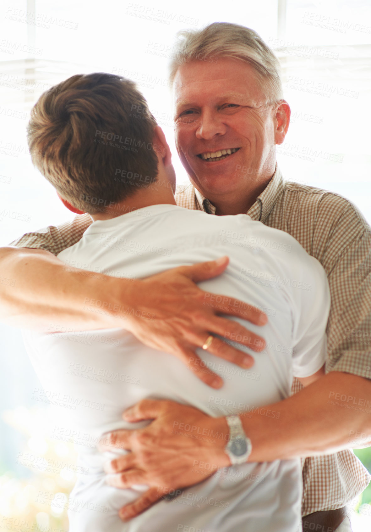 Buy stock photo Grandparent, teenager and hug with smile, happy and embrace with love, grandchild and home. Senior man, support or bonding together for relationship, family and retired with boy, house or grandfather