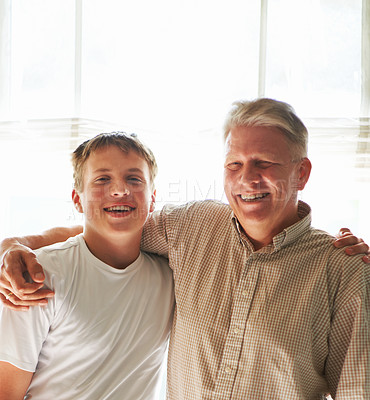 Buy stock photo Mature man, kid and happy with smile, teenager and embrace with love, child and parent. Father, support or bonding together for relationship, family home and childhood with boy, house and adolescent