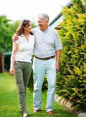 Buy stock photo Mature, garden or happy couple hug in backyard or nature on a outdoor romantic walk for support. Wellness, smile or senior man with woman bonding, care or enjoying date in retirement or home together