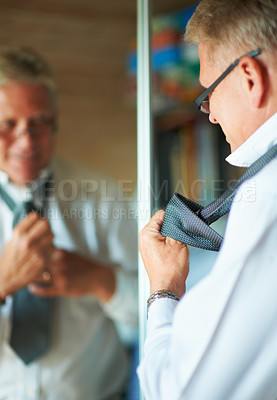 Buy stock photo Mature happy man with mirror, tie and shirt for work in morning in apartment with glasses, clothes or confidence. Face, reflection and professional senior businessman in home getting ready for office