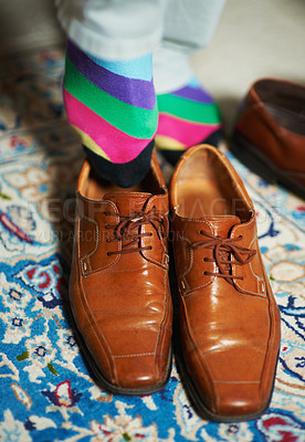 Buy stock photo Man getting ready, shoes and socks in home, putting on business fashion on foot and start to day. Businessman dressing for work in morning, feet on hotel room floor with style and wardrobe on carpet.
