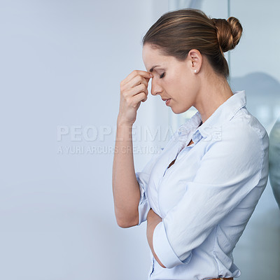 Buy stock photo Depression, headache and business woman overworked, tired or stress over company mistake, disaster or crisis. Fatigue, frustrated and administration agent overwhelmed with anxiety, burnout or problem